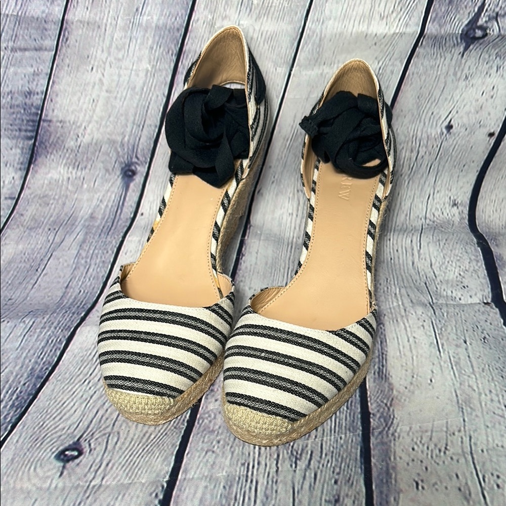 J Crew Ankle Wrap Black and White Striped Espadrille Wedges Heels